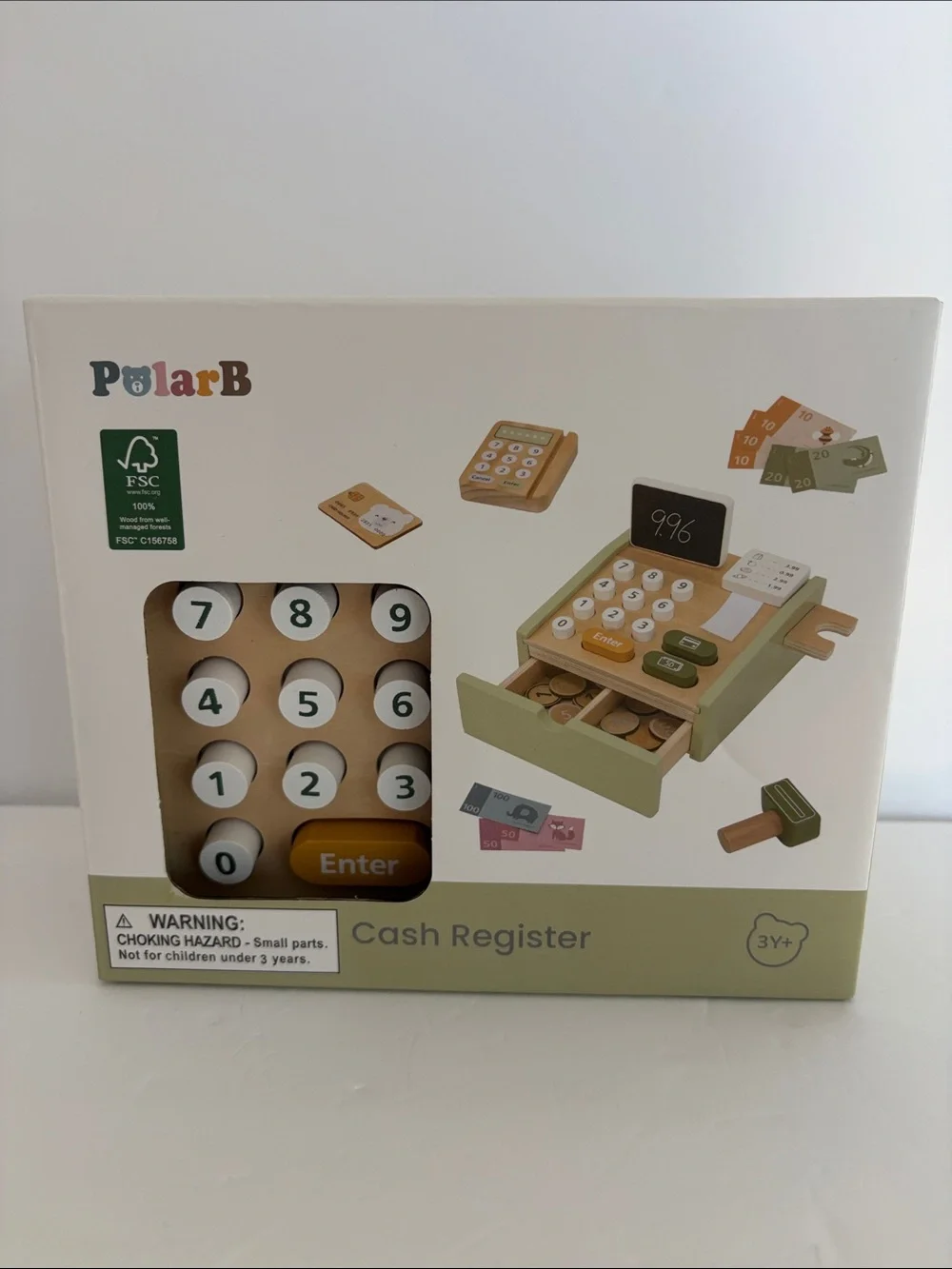 Kids Wooden Cash Register Toy in Green and Natural